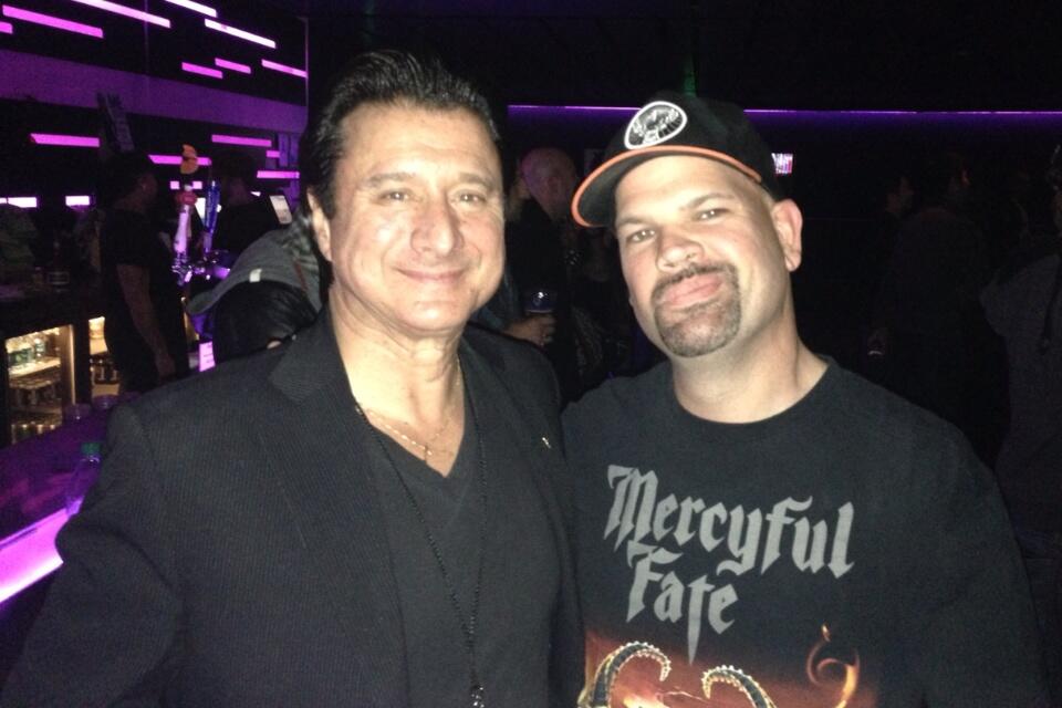 Steve Perry and a Mercyful Fate fan at the Drum Off.